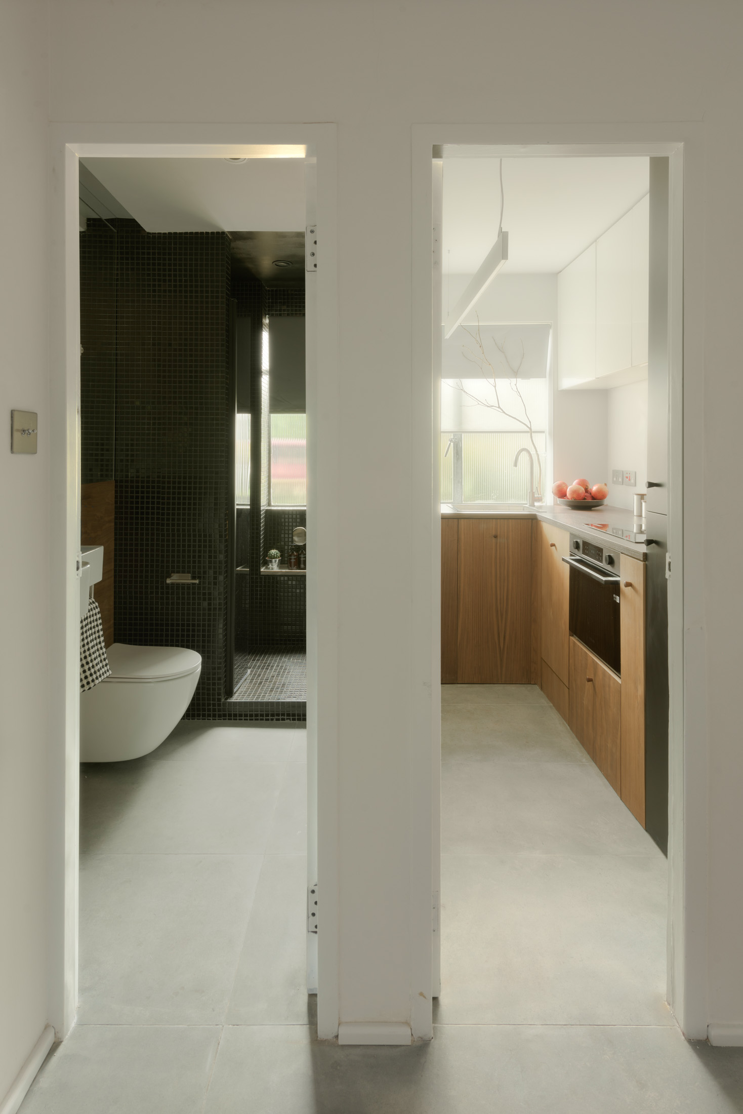 Architectural view through the kitchen and shower room doorways